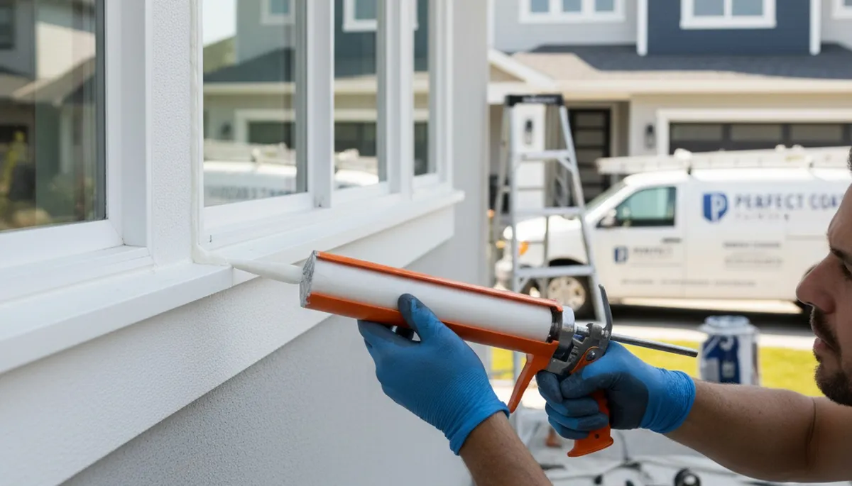 Professional caulking and sealing on Redding, CA house exterior for weatherproof protection