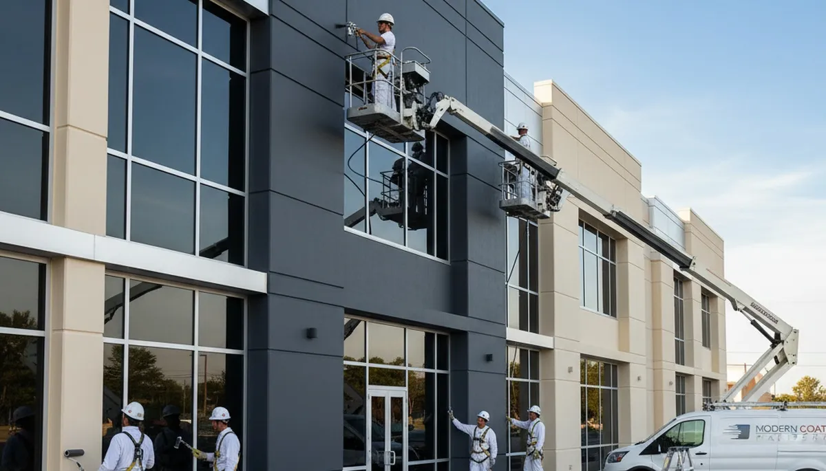 Professional commercial painters working on office exterior in Redding, CA