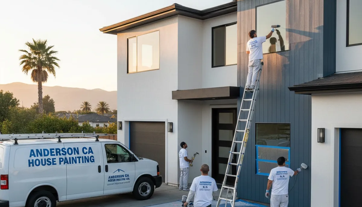 Professional house painters working on exterior home repaint in Redding, CA