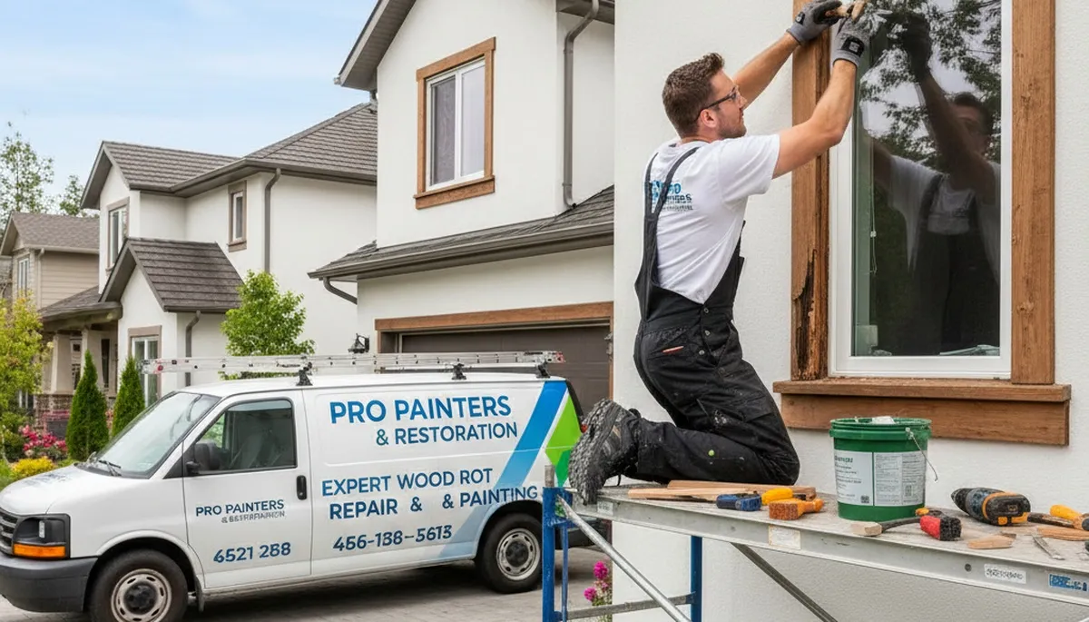 Painter repairing wood rot on home siding in Redding, CA for expert house restoration services