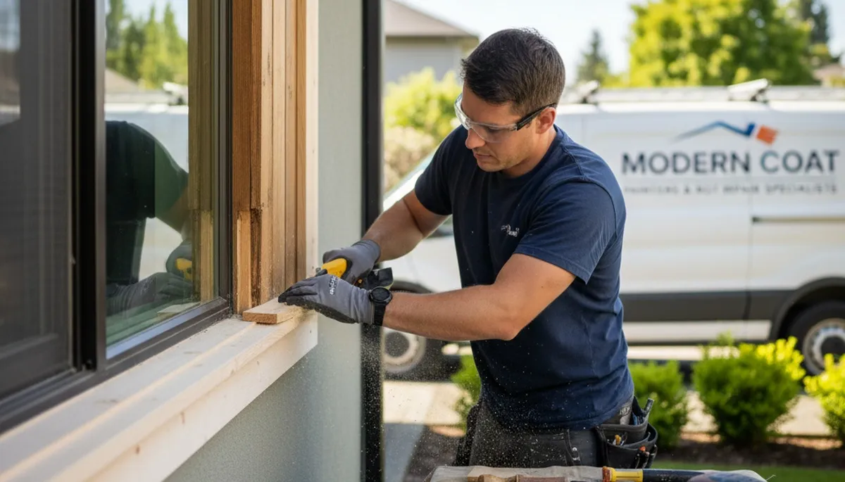 Professional wood rot repair on Redding CA home exterior by expert painting contractors